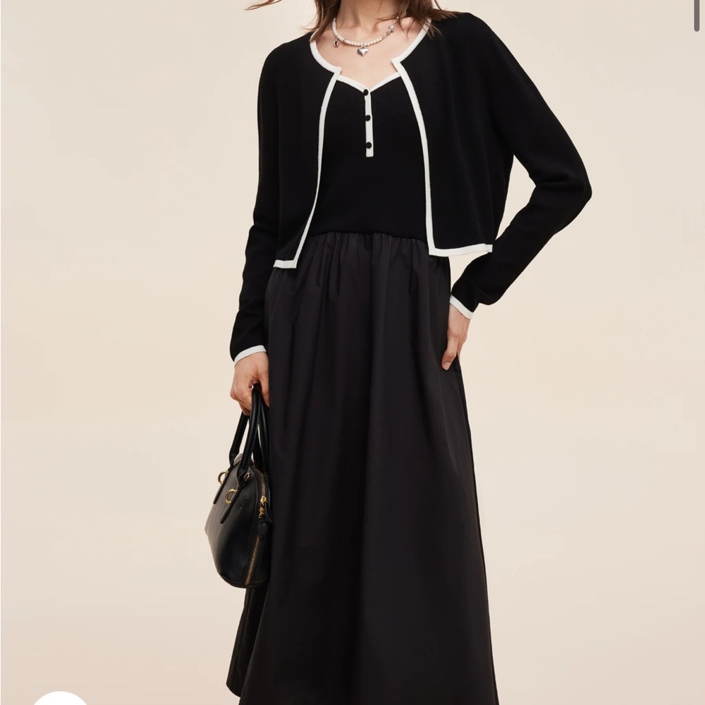 Lyocell Blend Cardigan And Patchwork Strap Maxi Dress Two-Piece Set - brand new